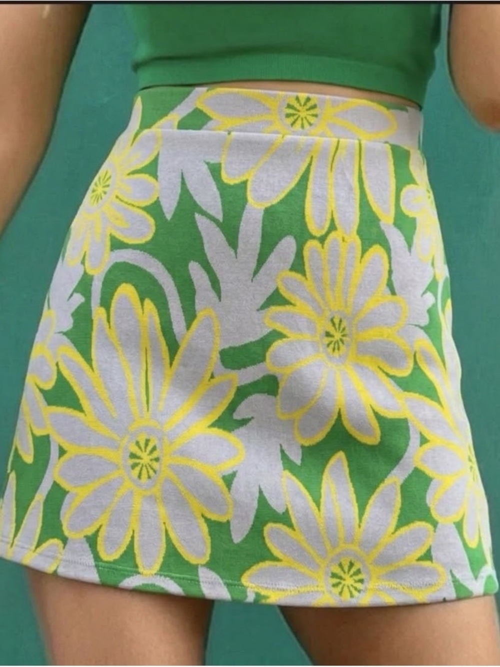 NEW Zara Green Botanical Sunflower Mini Skirt Retro 70s Hippie SMALL